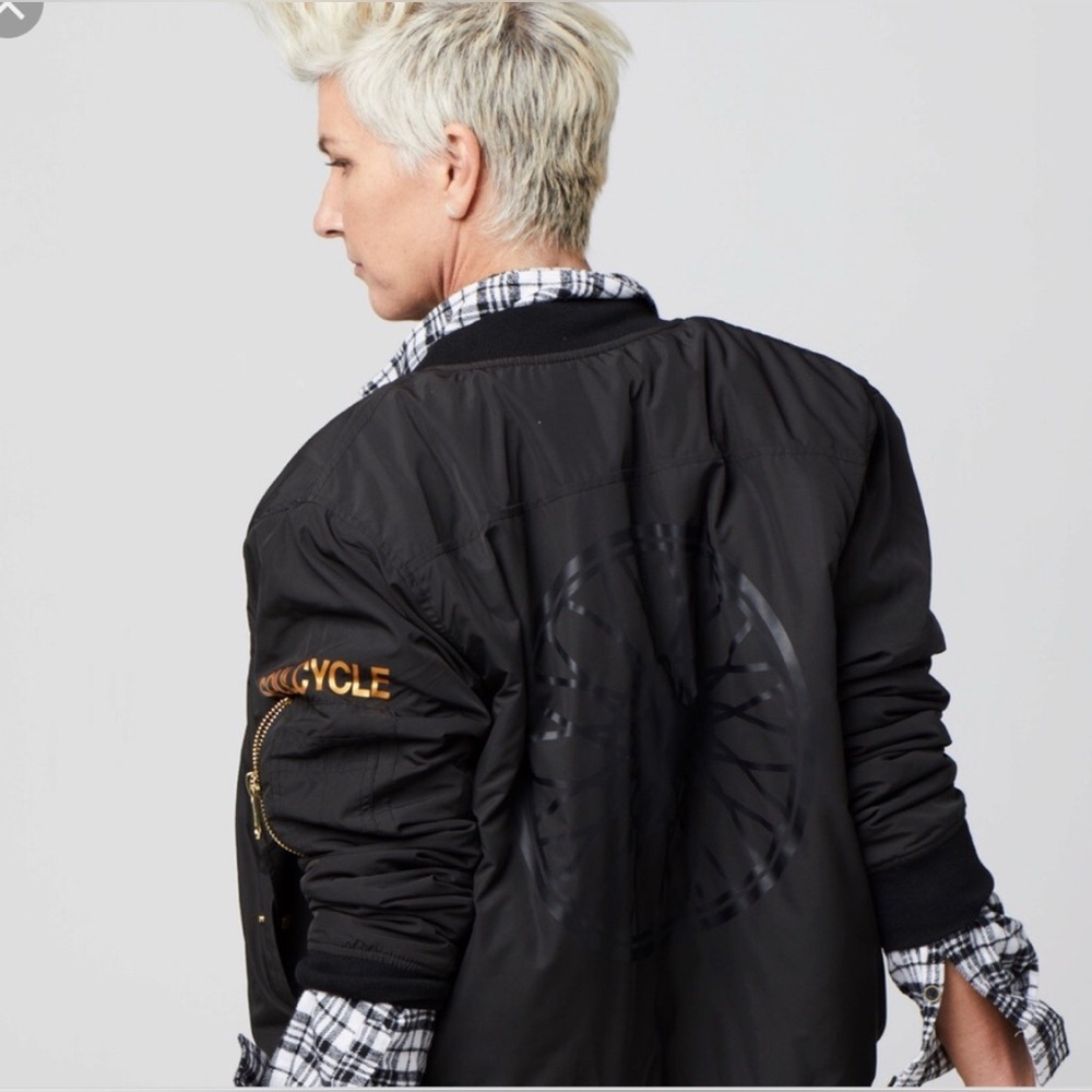SoulCycle Black Bomber Jacket Gold Tone Hardware Black Wheel Logo Back